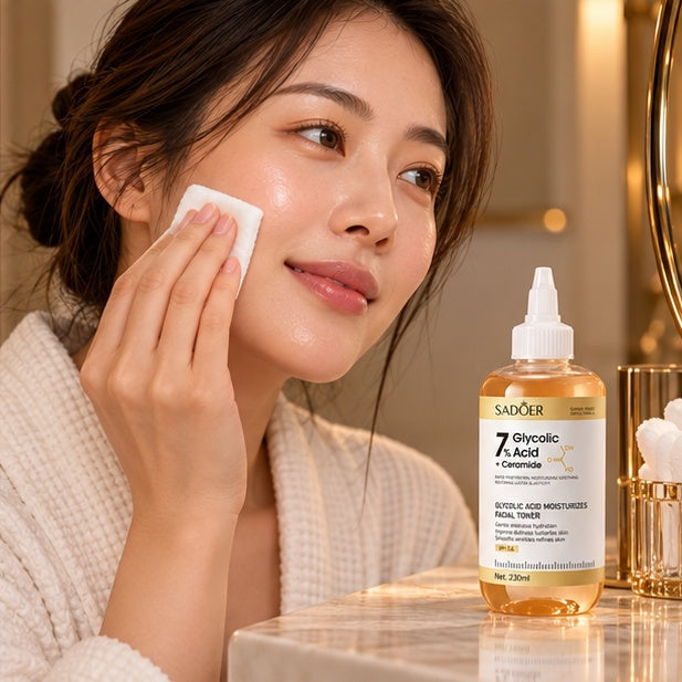SADOER 7% Glycolic Acid + Ceramide Facial Toner — 230 ml — adult model using product