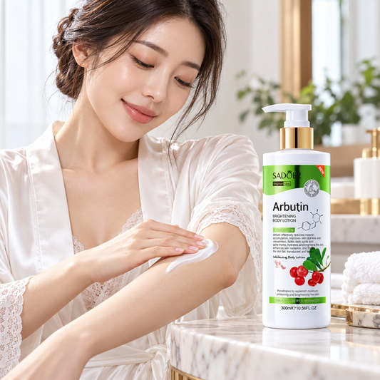 Arbutin Brightening Body Lotion — adult model applying lotion