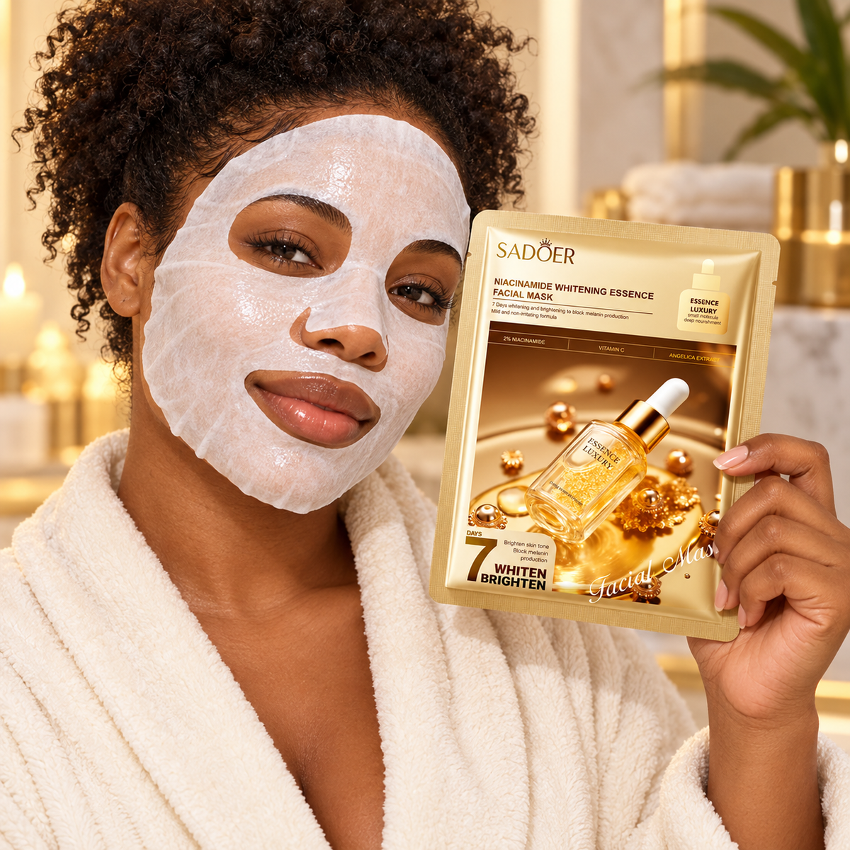 Caribbean woman wearing SADOER Niacinamide Vitamin C facial mask