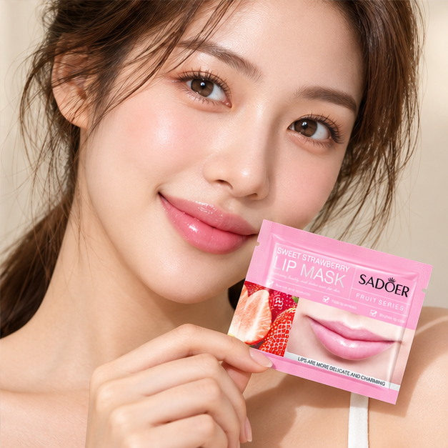 SADOER Sweet Strawberry lip masks — single packet shown with model