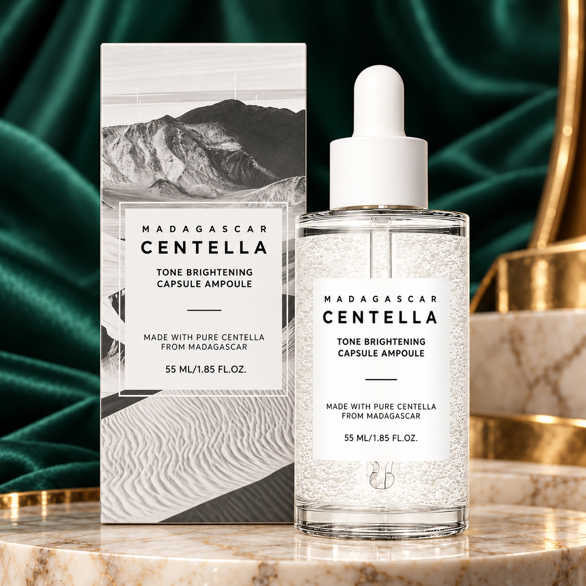 SKIN1004 Madagascar Centella Tone Brightening Capsule Ampoule — 55 ml — close-up bottle and carton