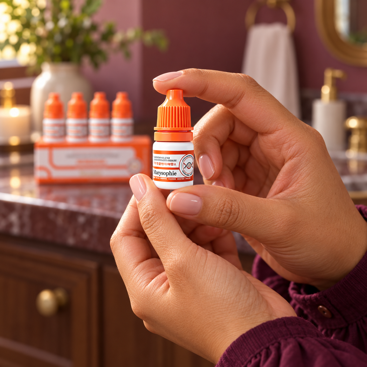 Marysophie capped serum vial held close by the same woman's hands with the other four vials behind