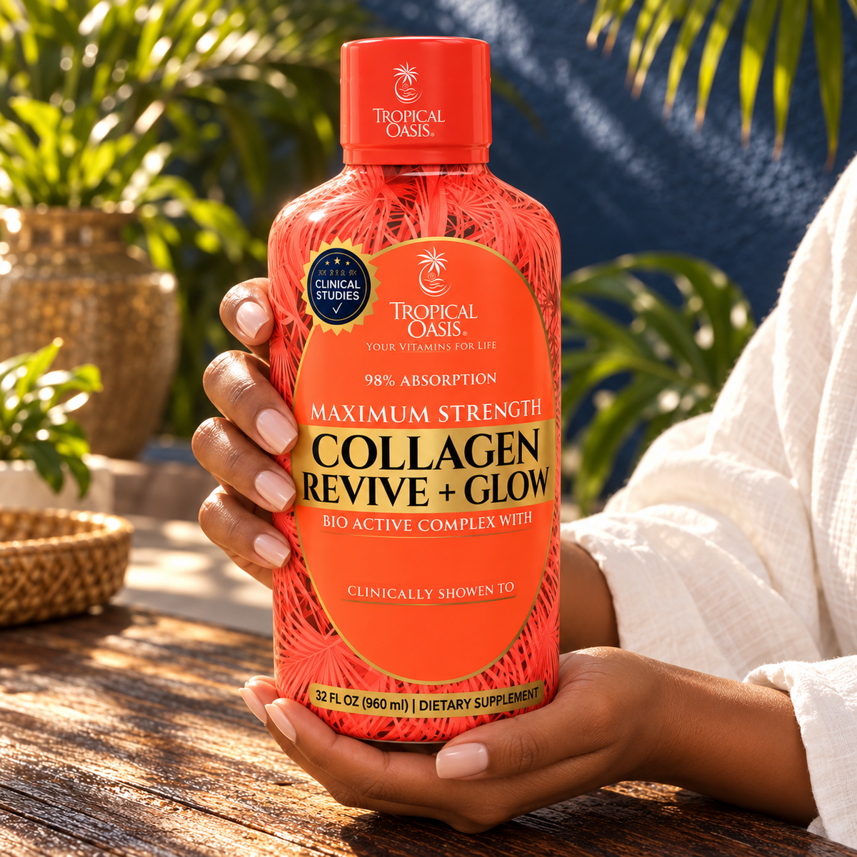 Close view of the existing model's hands holding the capped Tropical Oasis Collagen Revive + Glow 32 fl oz bottle.