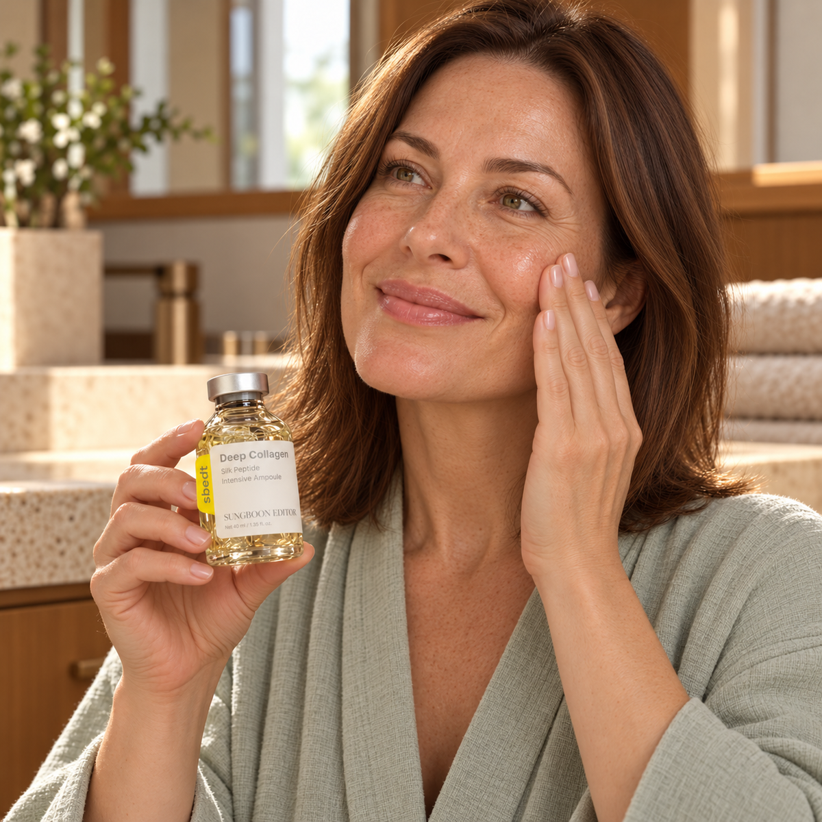 Woman gently patting serum onto her cheek with SUNGBOON EDITOR ampoule