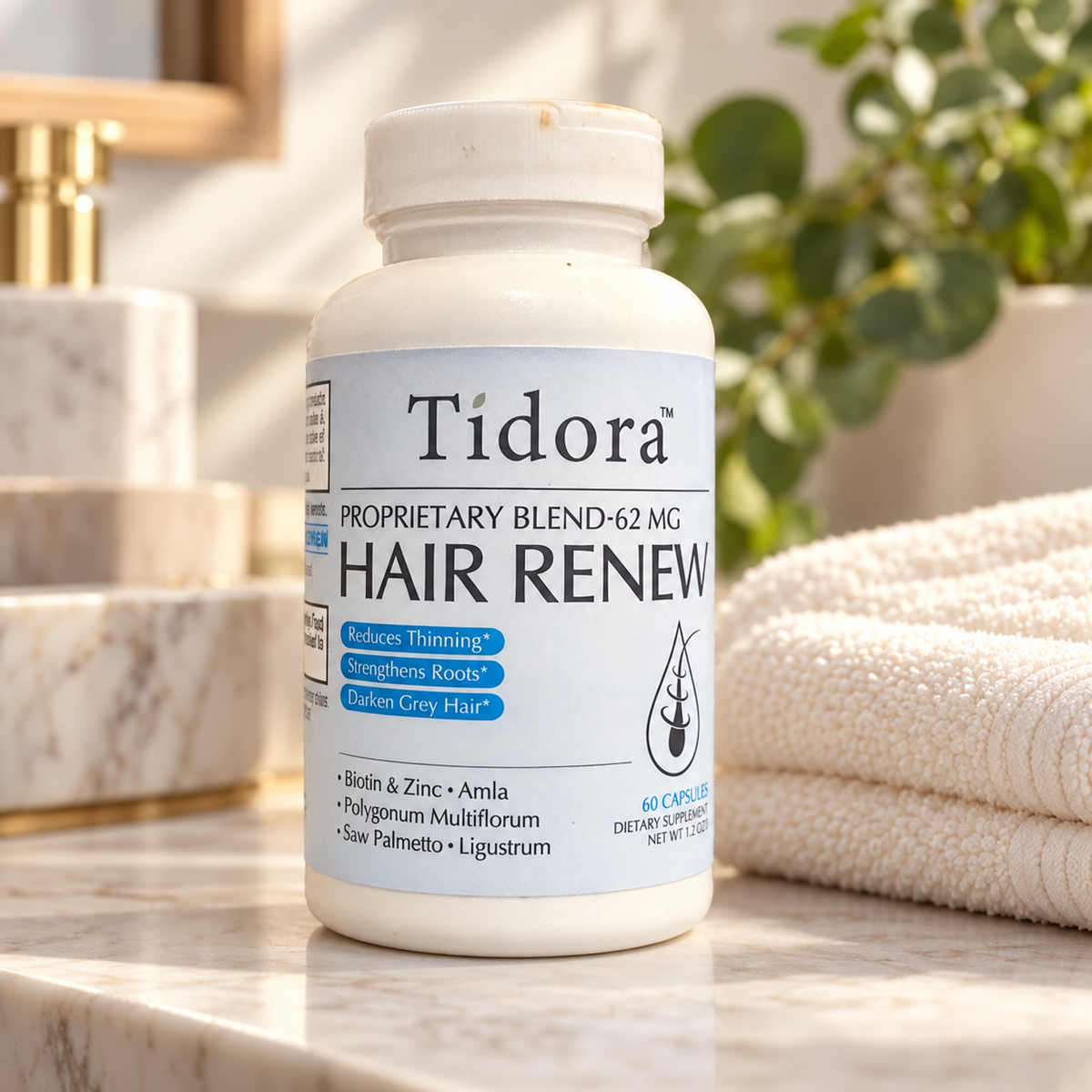 Tidora Hair Renew 60 capsules bottle on a bright vanity