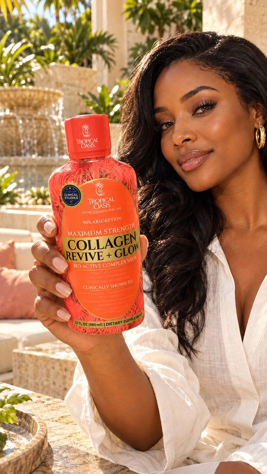AI-styled model in white presenting Tropical Oasis Collagen Revive + Glow beside a fountain.