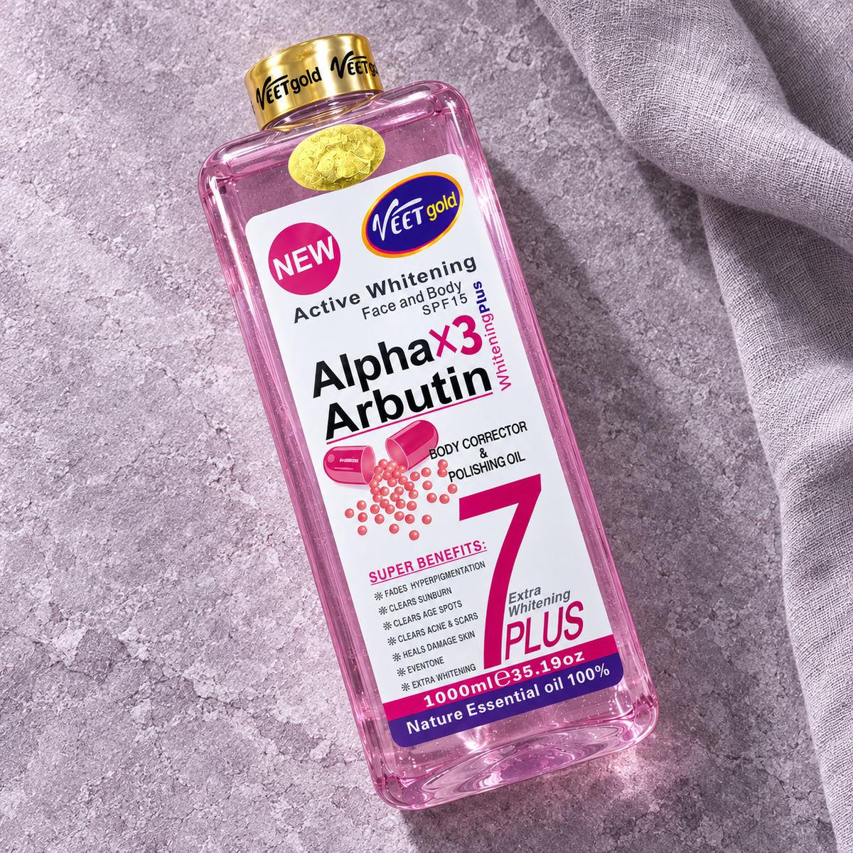Veet Gold Alpha X3 Arbutin Oil 1000 ml sealed bottle in an original overhead still life