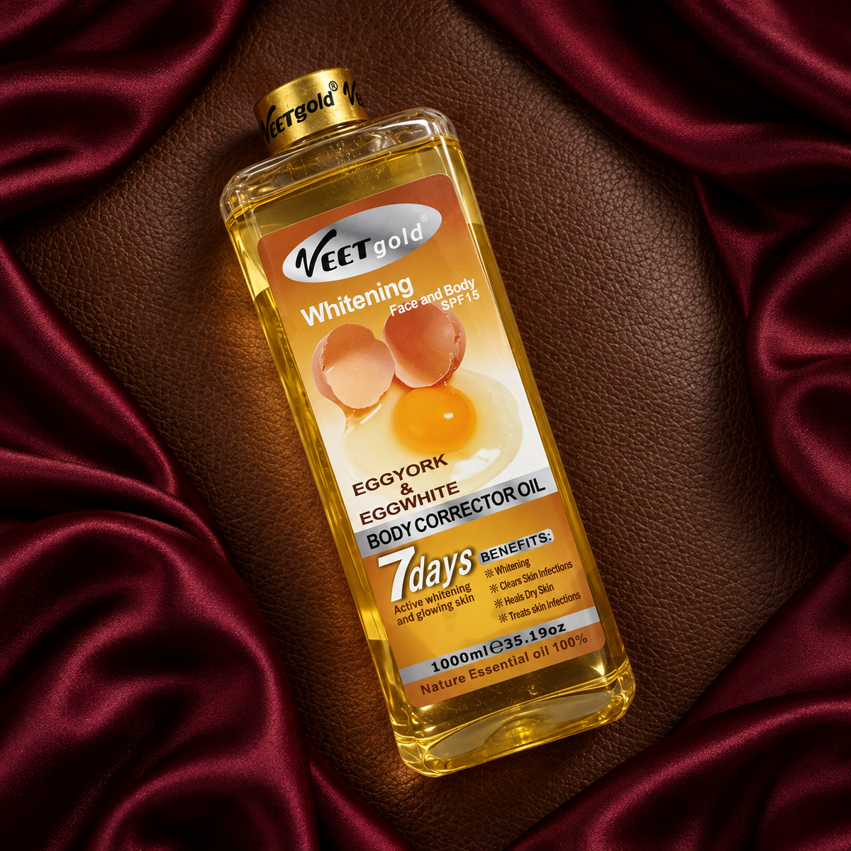 Veet Gold Egg Yolk and Egg White Oil 1000 ml sealed bottle in an original flatlay product scene