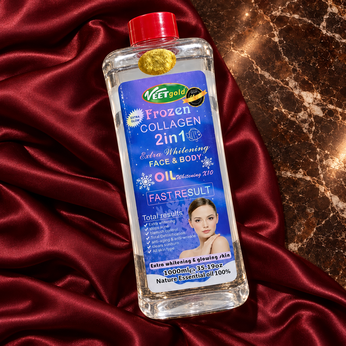 Veet Gold Frozen Collagen 2-in-1 Oil 1000 ml – flatlay original scene