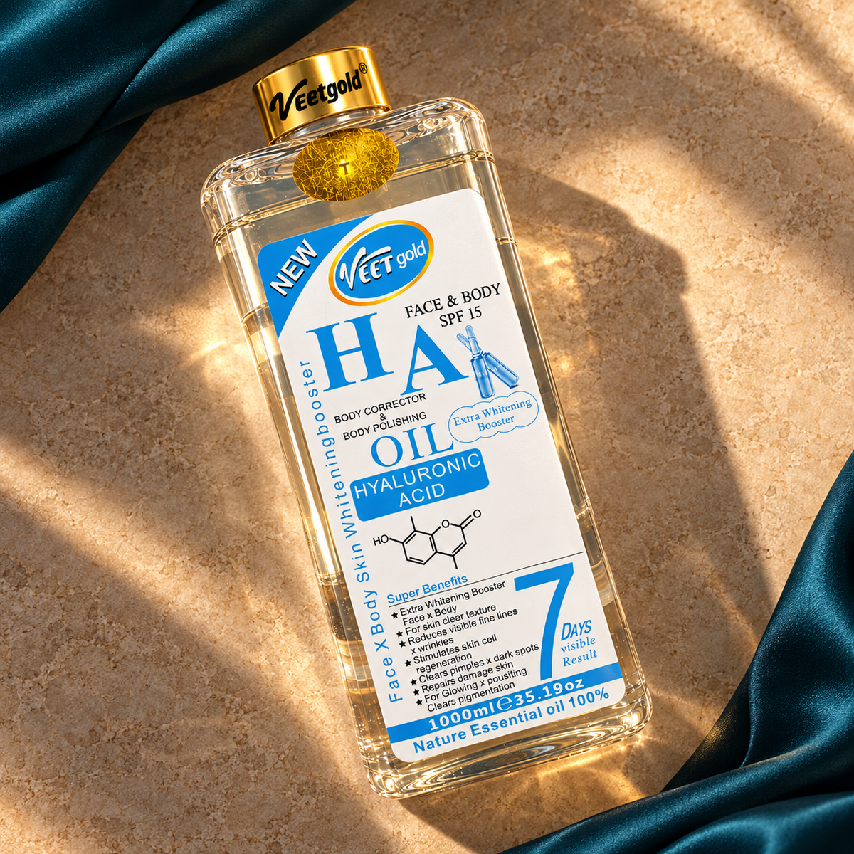 Veet Gold Hyaluronic Acid Oil 1000 ml — front-facing bottle in original flatlay