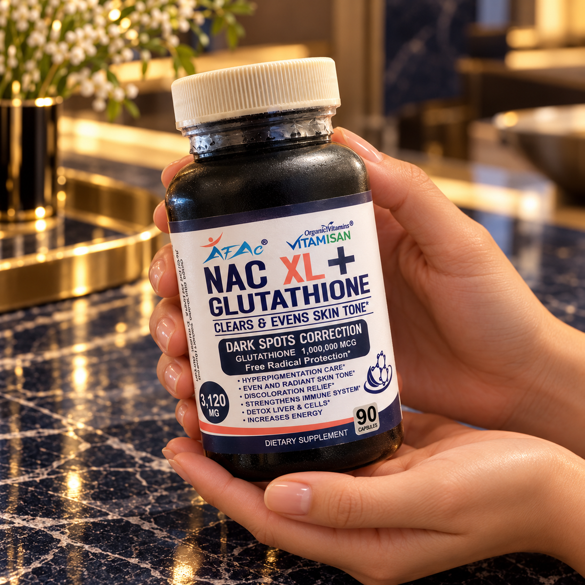 VITAMISAN NAC XL+ Glutathione sealed 90-capsule bottle — closed cap and front-label detail in hands; AI-styled product presentation, not a testimonial.