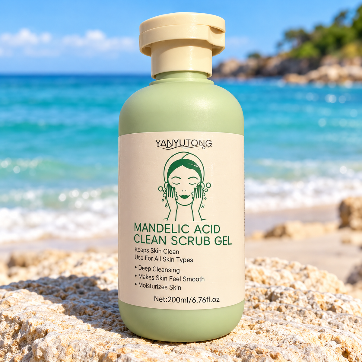 YANYUTONG Mandelic Acid Clean Scrub Gel 200ml — accurate label-facing seashore photograph