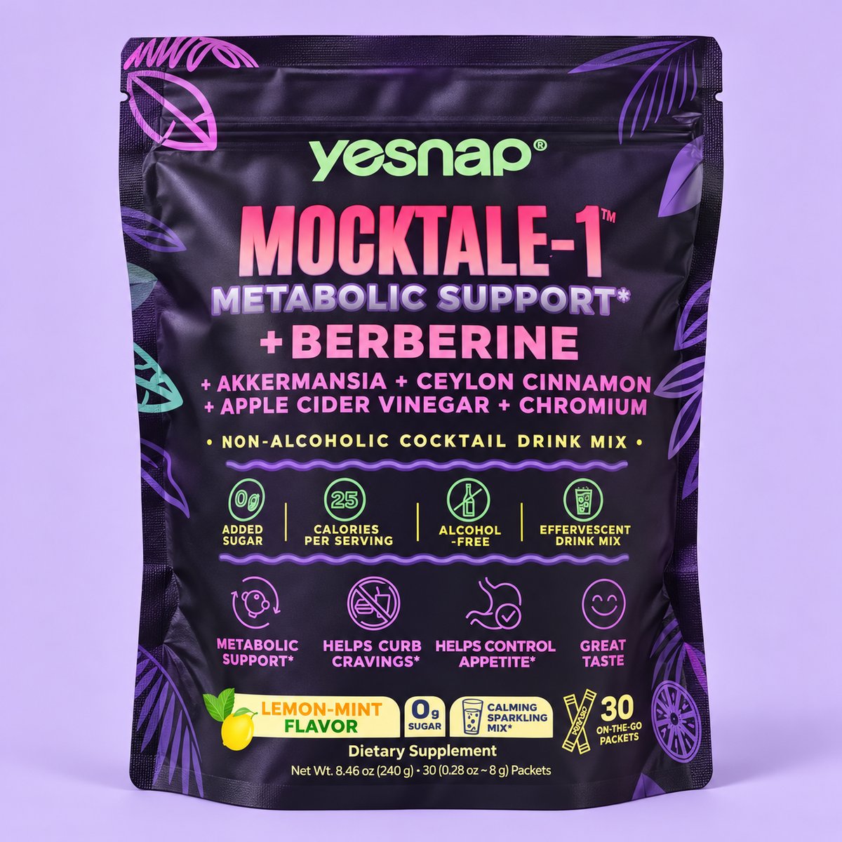 YESNAP MOCKTALE-1 Lemon-Mint Drink Mix, 30 × 8 g packets in the purple pouch.