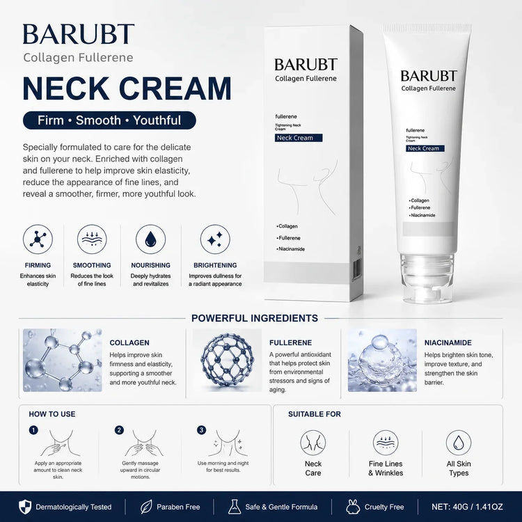 Barubut Anti-wrinkle Firming Neck Cream — Niacinamide — Tube front view with BARUBUT branding close-up