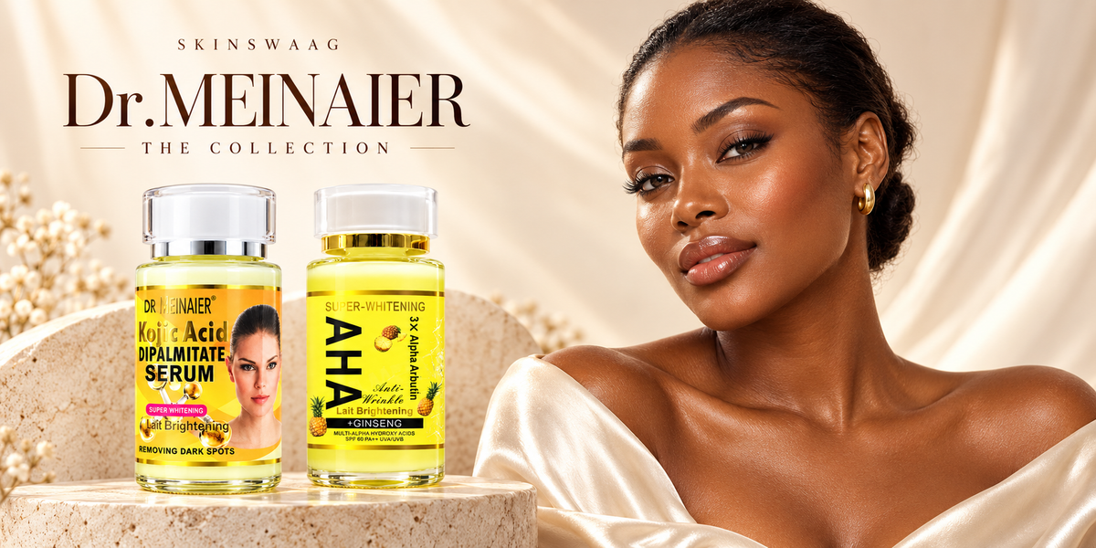 Dr.MEINAIER collection with an adult model and Kojic Acid Dipalmitate and AHA serum bottles