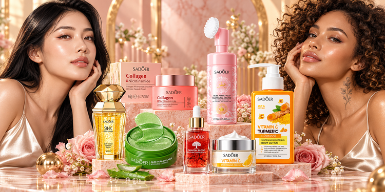 Two beauty models with glowing skin and seven SADOER products in a blush pink and champagne collection display
