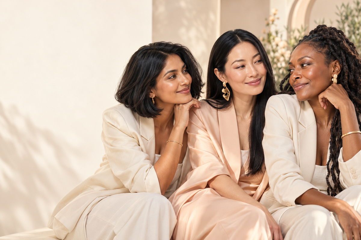 Three modern women share a beauty discovery in a luminous ivory editorial