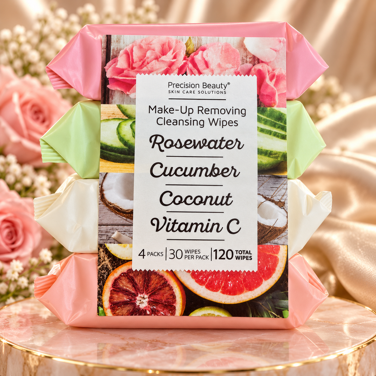 Precision Beauty mixed four-pack, Rosewater Cucumber Coconut Vitamin C,120 wipes