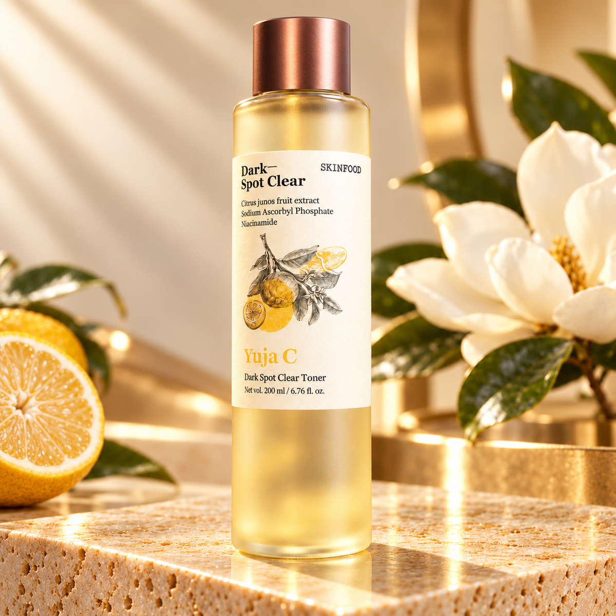 SKINFOOD Yuja C Dark Spot Clear Toner 200 ml, polished bronze cap and pristine label