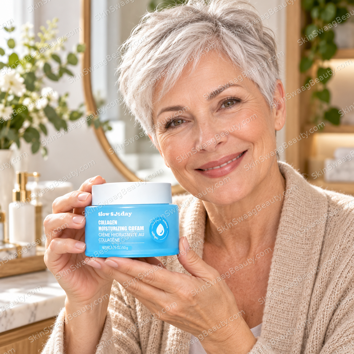 Original AI-styled product presentation with a distinct fictional adult model; not a customer testimonial or product-result image. SkinSwaagBeauty.com watermark.