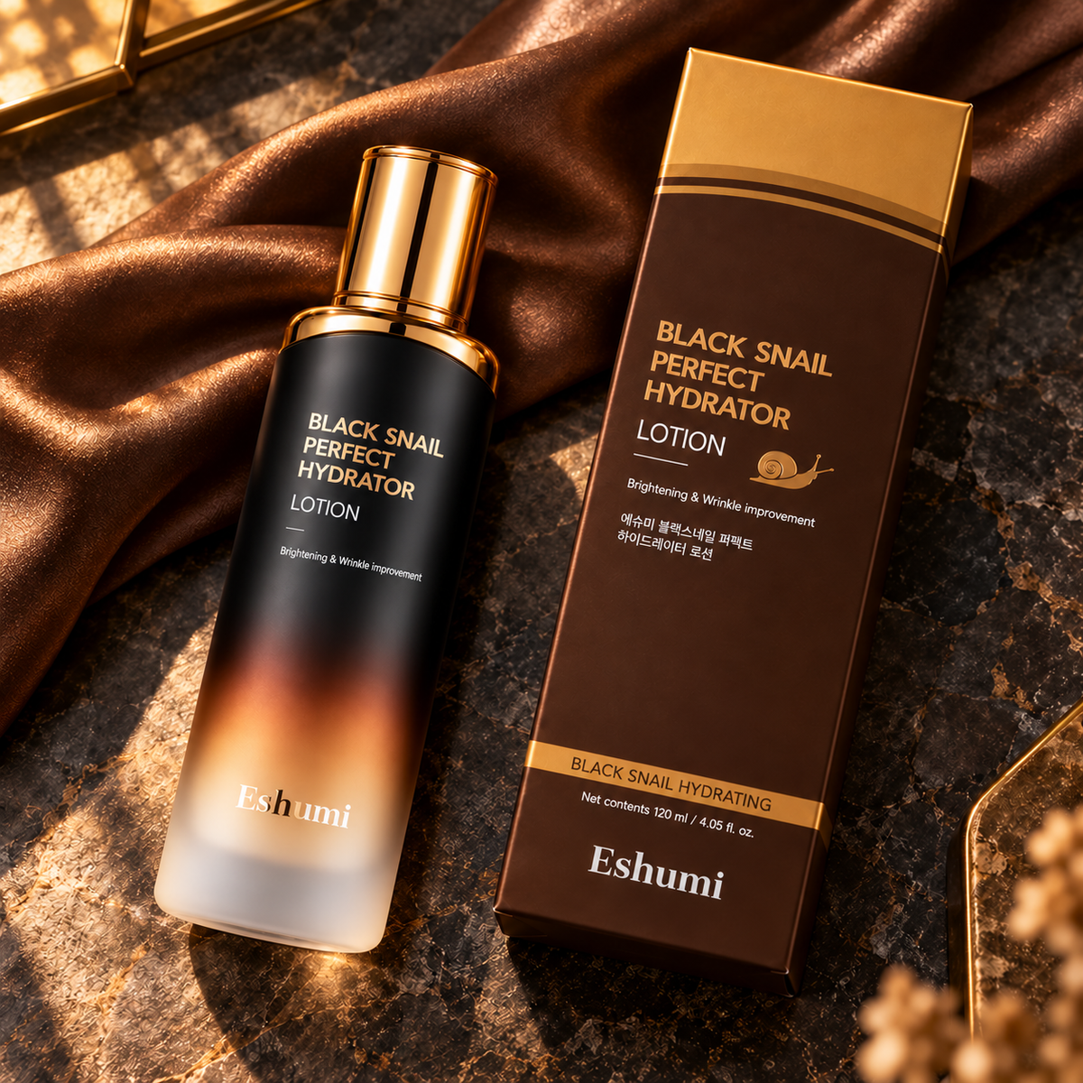 Eshumi Black Snail Perfect Hydrator Lotion 120 ml — bottle and carton detail; illustrative product presentation.