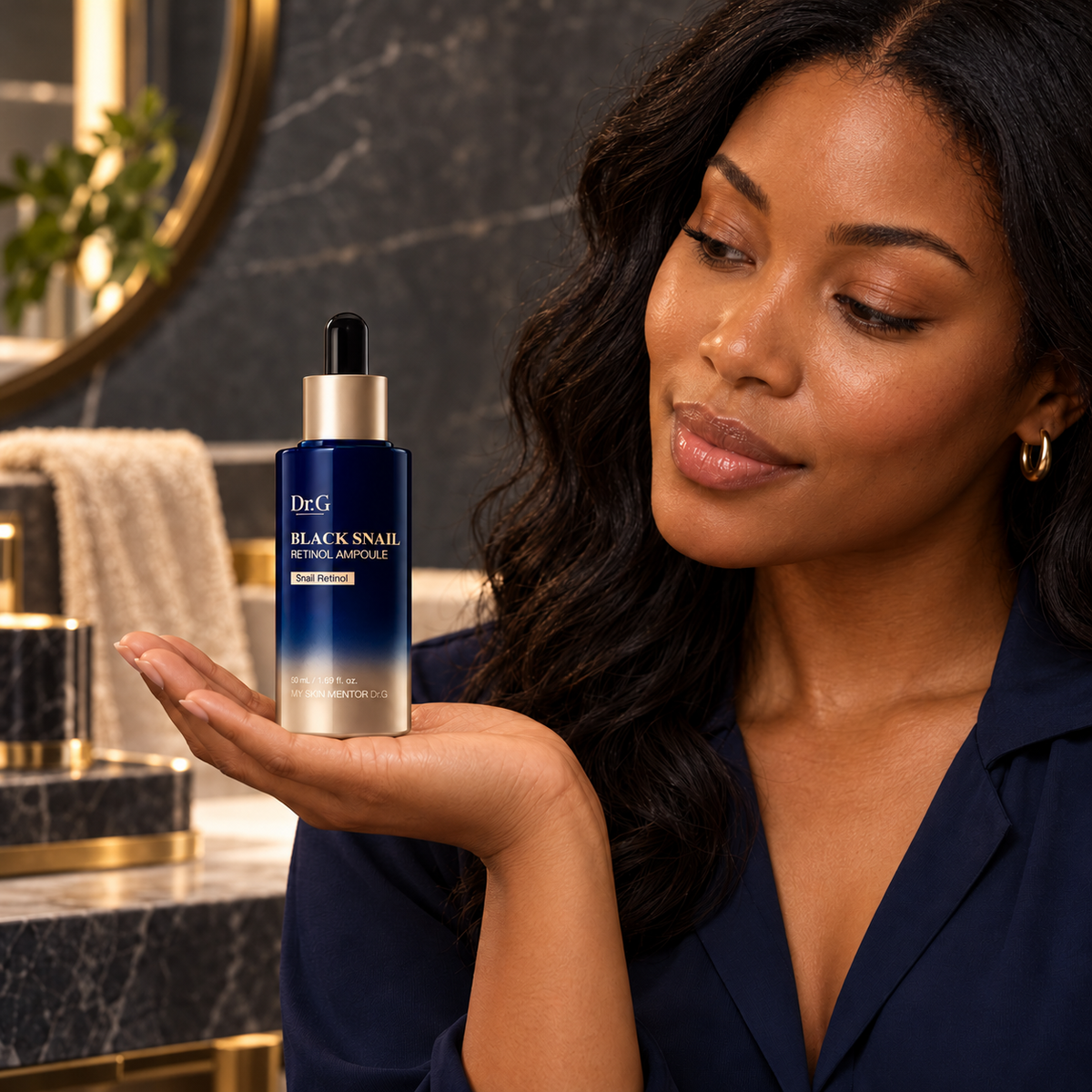 Dr.G Black Snail Retinol Ampoule 50 ml — model presentation; illustrative product presentation.