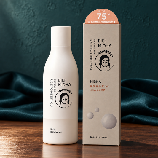 MIDHA Rice Milk Lotion 200 ml — new main image; illustrative product presentation.