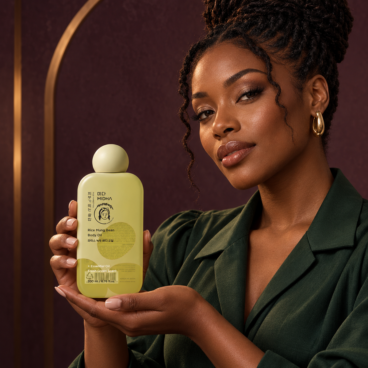 Original AI-styled product presentation with a distinct fictional adult model; not a customer testimonial or product-result image. SkinSwaagBeauty.com watermark.