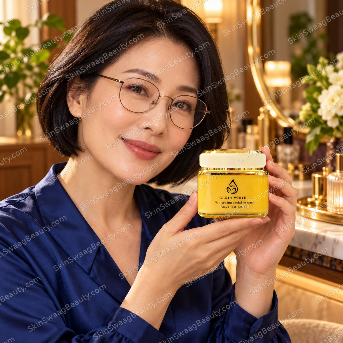 Original AI-styled product presentation with a distinct fictional adult model; not a customer testimonial or product-result image. SkinSwaagBeauty.com watermark.