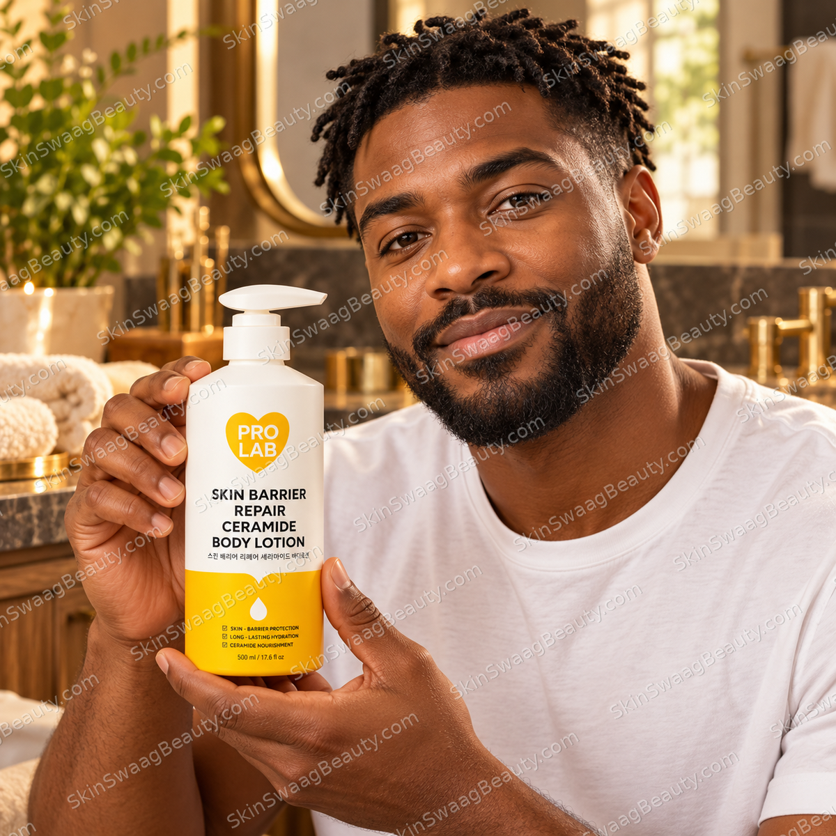 Original AI-styled product presentation with a distinct fictional adult model; not a customer testimonial or product-result image. SkinSwaagBeauty.com watermark.