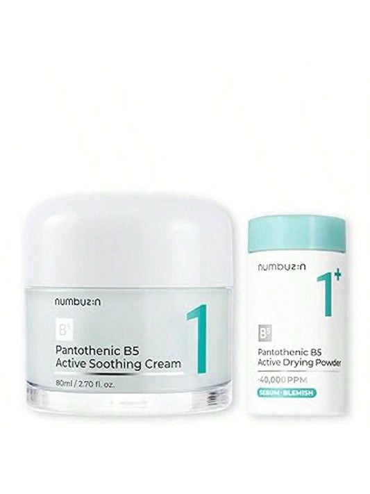 NUMBUZIN — No.1 Pantothenic B5 Acne Care Set — Green and white tube and jar set on white background