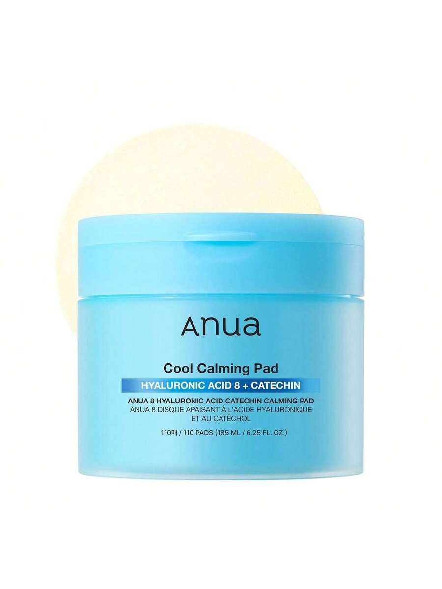 Anua — 8 Hyaluronic Acid Catechin Calming Toner Pads — Blue plastic jar with soaked cotton pads on white background