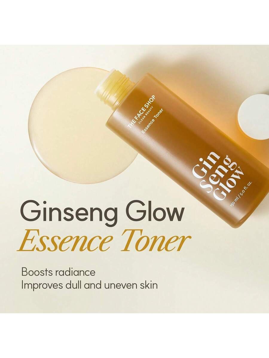 The Face Shop — Ginseng Glow Essence Toner — Gold bottle with product label detail