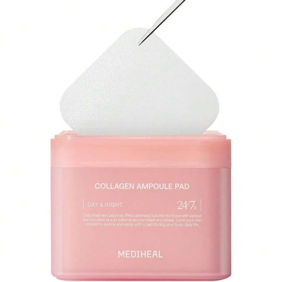 MEDIHEAL — Square Cotton Facial Toner Pads 100ct — Pink plastic jar with tweezers on white background