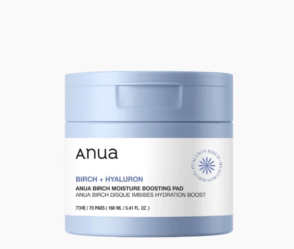 Anua — Birch Hyaluronic Acid Toner Pads — Periwinkle blue plastic jar on white background