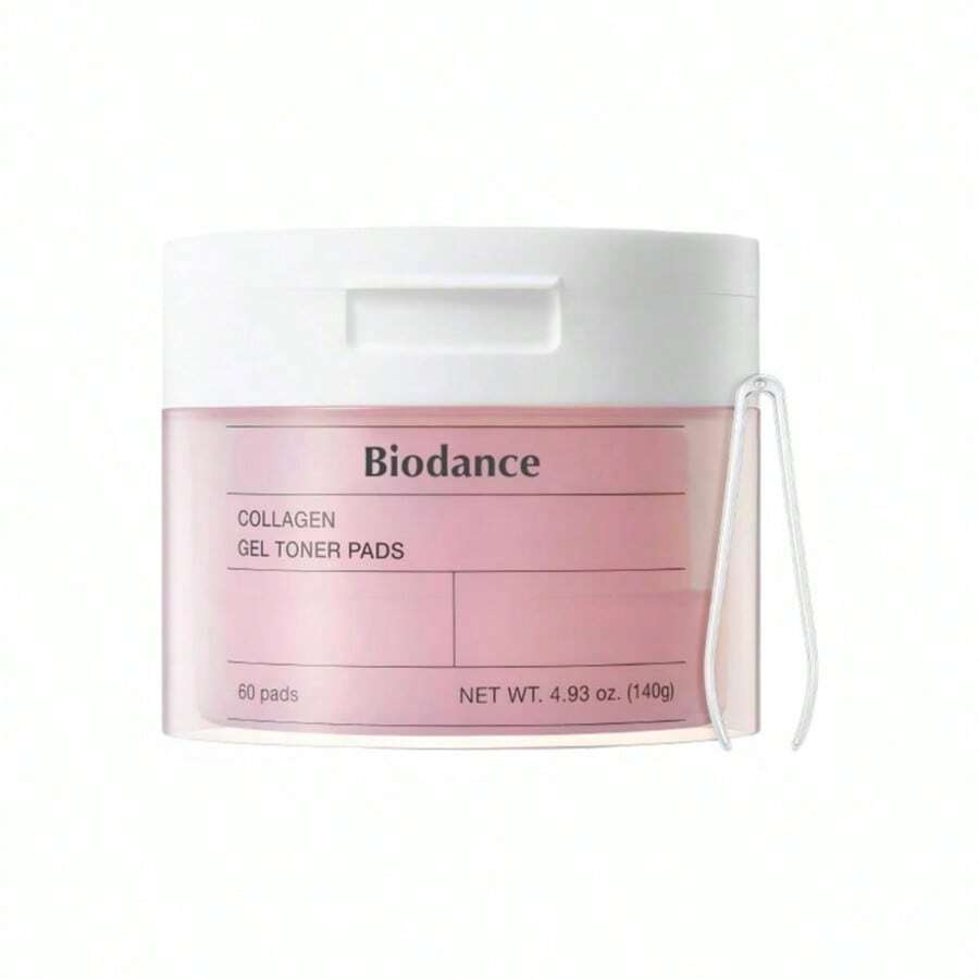 BIODANCE — Collagen Gel Toner Pads 60 Pads — Pink and white plastic jar for pore minimizing on white background