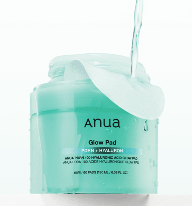 Anua — PDRN 100 Hyaluronic Acid Glow Pads — Open jar showing soaked cotton pads