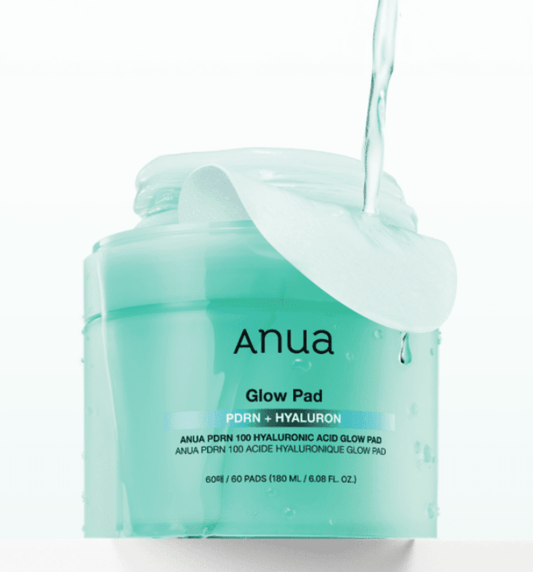 Anua — PDRN 100 Hyaluronic Acid Glow Pads — Open jar showing soaked cotton pads