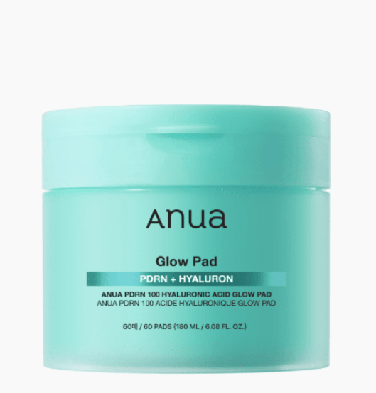 Anua — PDRN 100 Hyaluronic Acid Glow Pads — Mint green plastic jar on white background