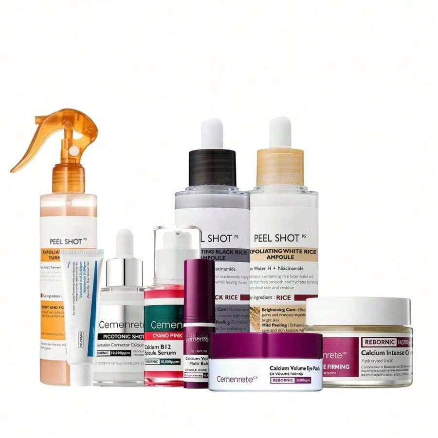 Dr.M Gifted — Collagen Routine Skincare Set — Collection of skincare bottles for dark spot and peeling care on white background