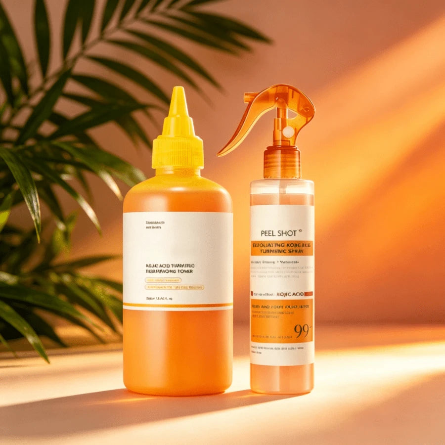 SkinSwaag Beauty — PEEL SHOT Kojic Acid Turmeric Smoothing Duo — Yellow bottle and spray on white background