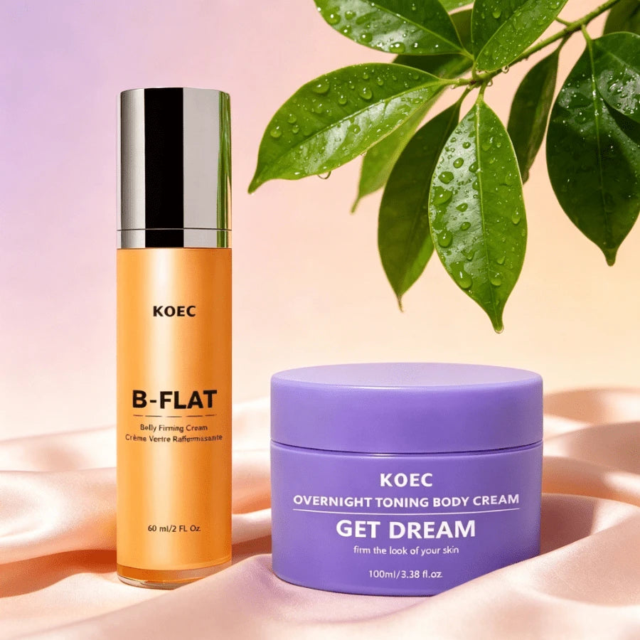 KOEC — Skin-Smoothing & Firming Body Cream Duo — Orange tube and purple jar set on white background