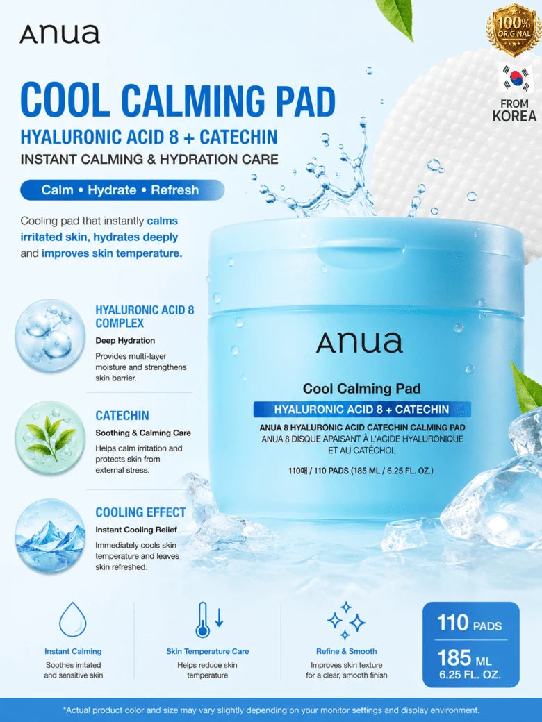 Anua — Hyaluronic Acid Catechin Calming Toner Pads — Open jar showing stacked white toner pads