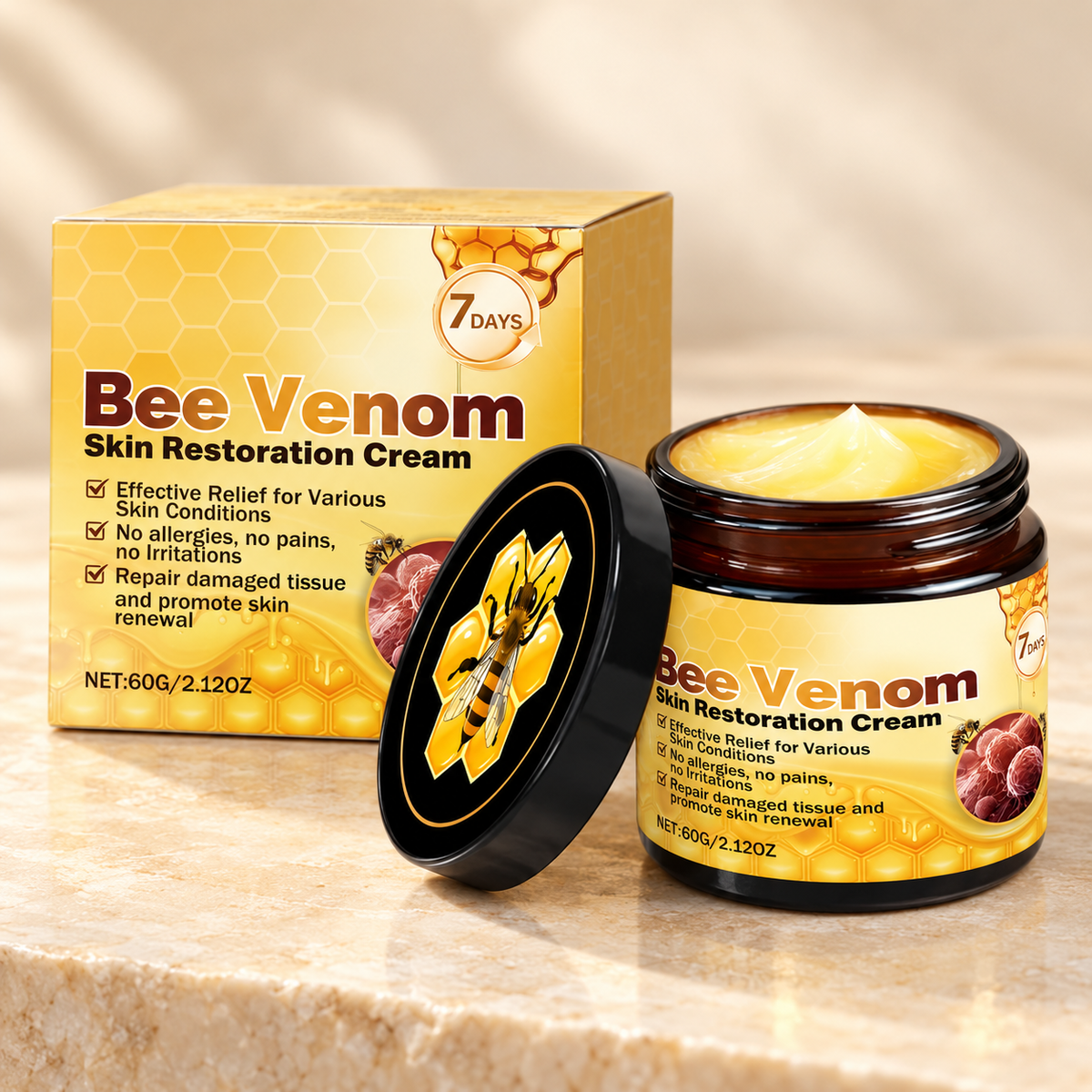 7 Days Bee Venom Cream 60 g, original jar and carton on a warm stone background