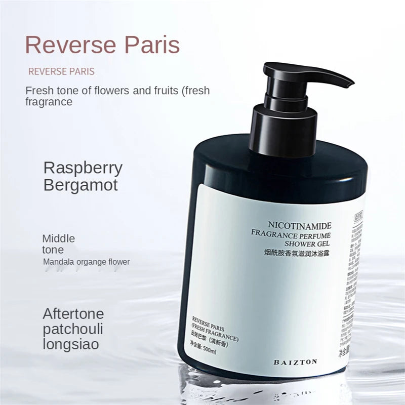 SkinSwaag Beauty BAIZTON Nicotinamide Fragrance Perfume Shower Gel — nicotinamide — bottle back view on white background