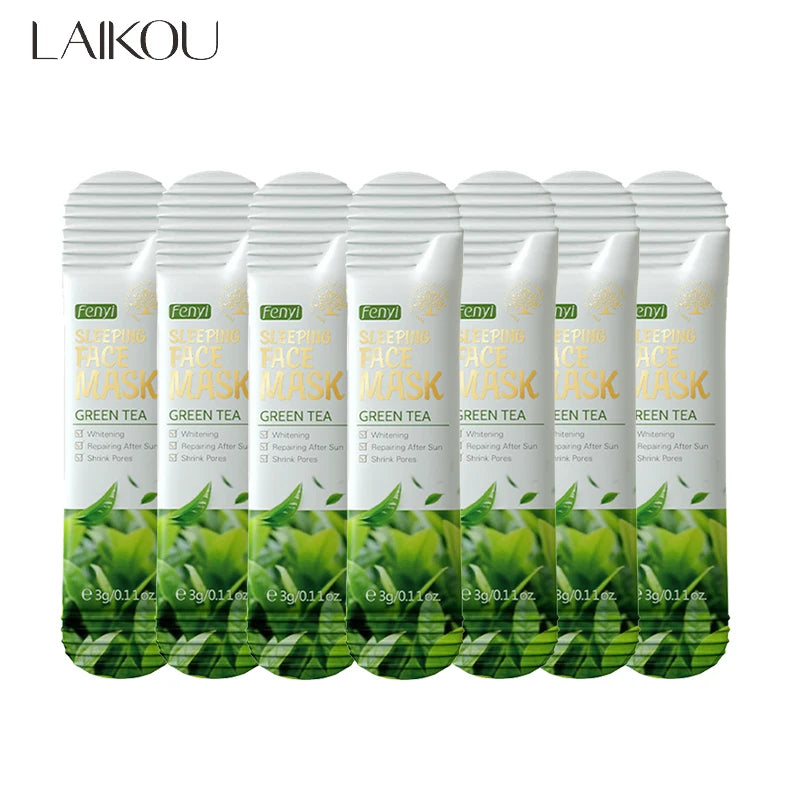 Set of seven moisturizing facial sheet masks in individual sachets for hydrating and repairing skin overnight