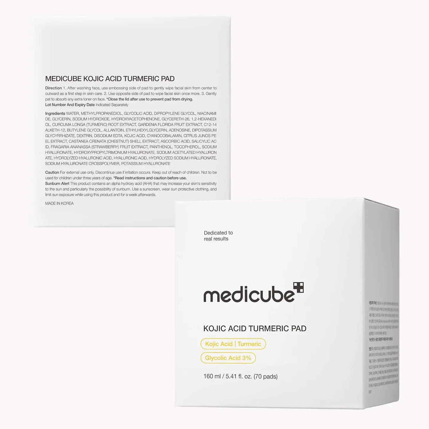 White jar of toner pads with turmeric and kojic acid clarifying soothing formula for troubled skin