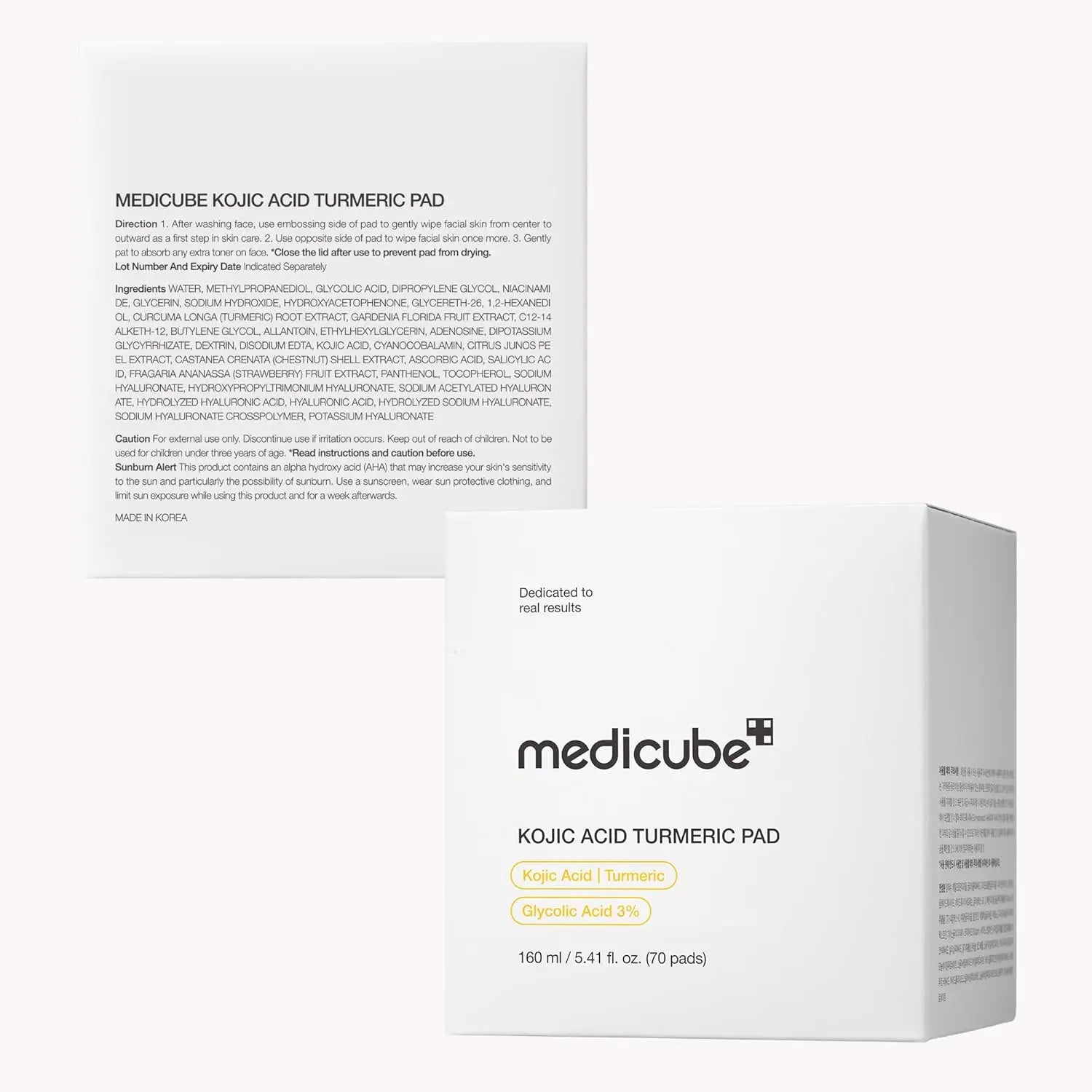 White jar of toner pads with turmeric and kojic acid clarifying soothing formula for troubled skin