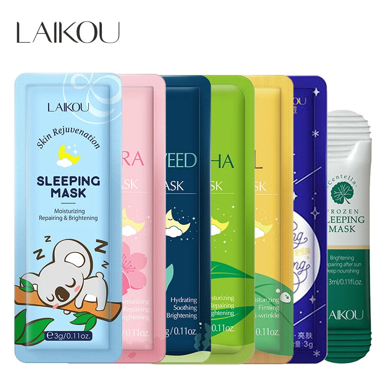 LAIKOU 7-Piece Sleeping Mask Set — moisturizing + nourishing — colorful mask sachets display front