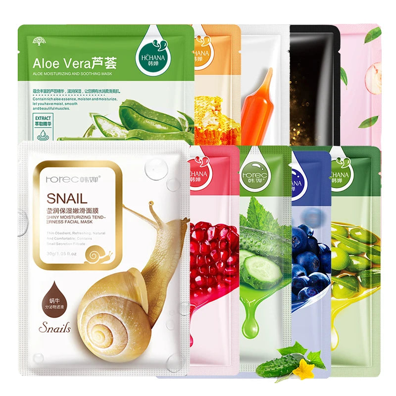 Assorted Korean botanical sheet masks with aloe, seaweed, and green tea extracts for hydration and brightening.